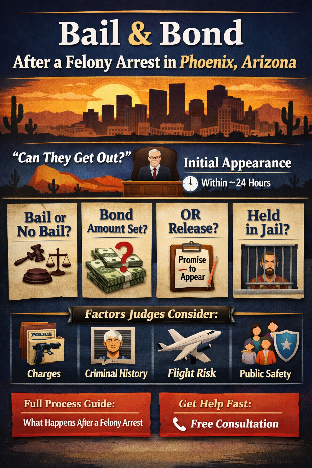 Bail and bond process after a felony arrest in Phoenix Arizona showing initial appearance and release options