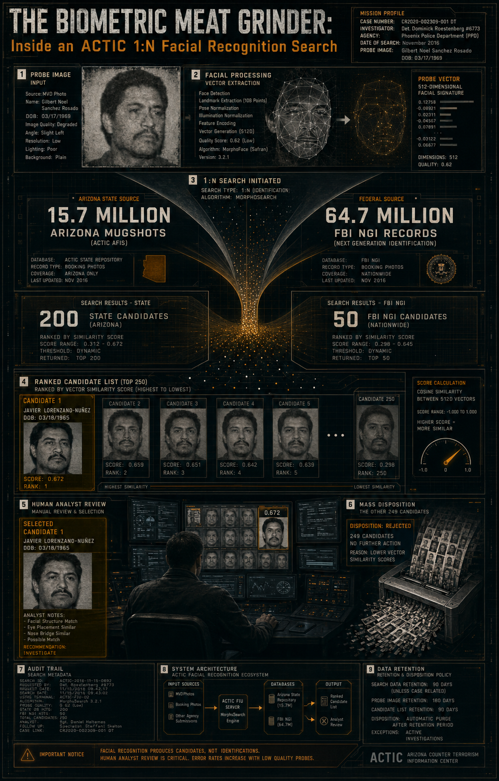 Infographic illustrating how an ACTIC facial recognition search filters millions of records down to 250 candidates before human selection.