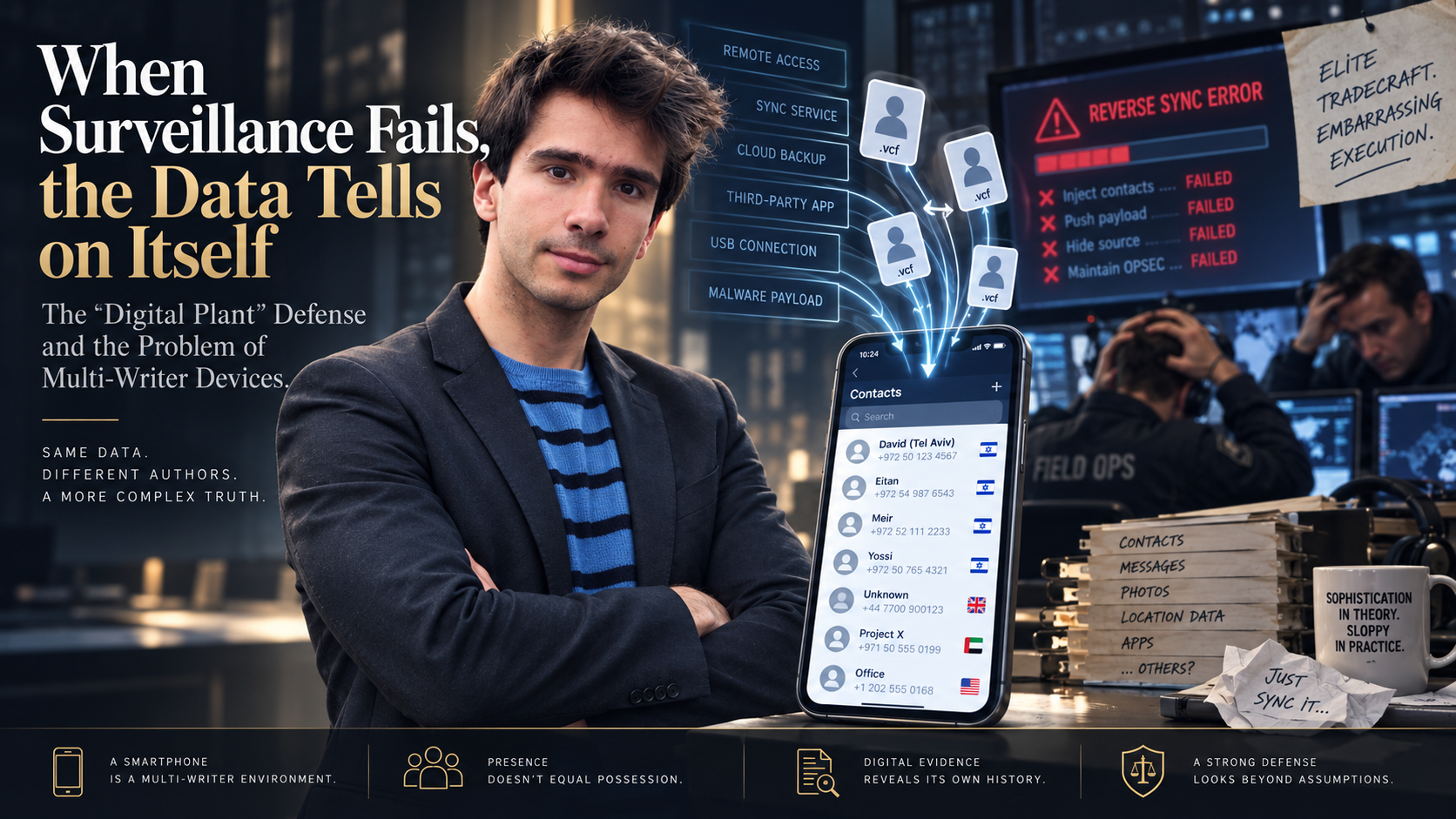Editorial illustration for the Digital Plant Defense showing a smartphone receiving data from multiple external sources, including cloud sync, applications, malware, and forensic tools, referencing the alleged surveillance incident involving Juan Branco.